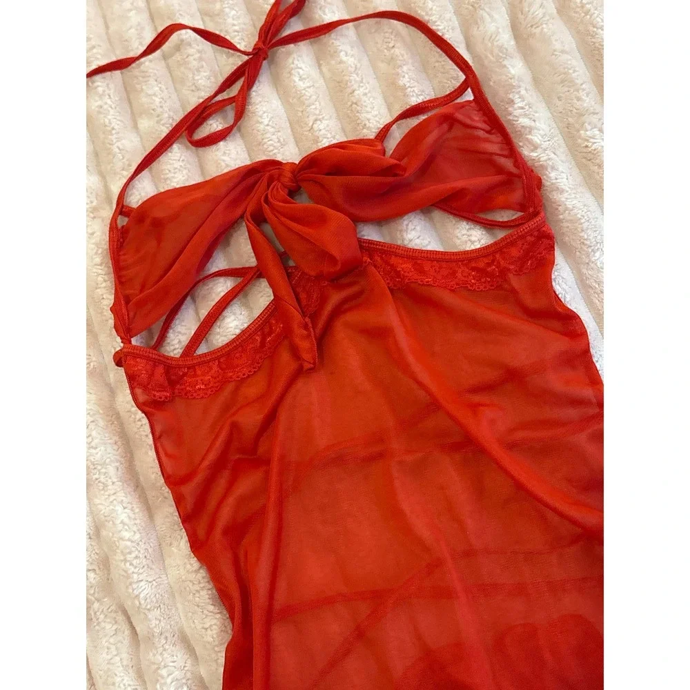 Womens‎ Red Sheer Mesh Open Bust Halter Babydoll Lingerie Dress, Size Medium